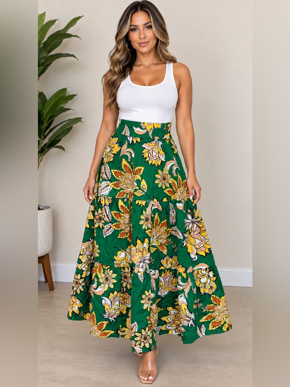 NWT Floral Tiered Maxi Skirt in Green and yellow size M